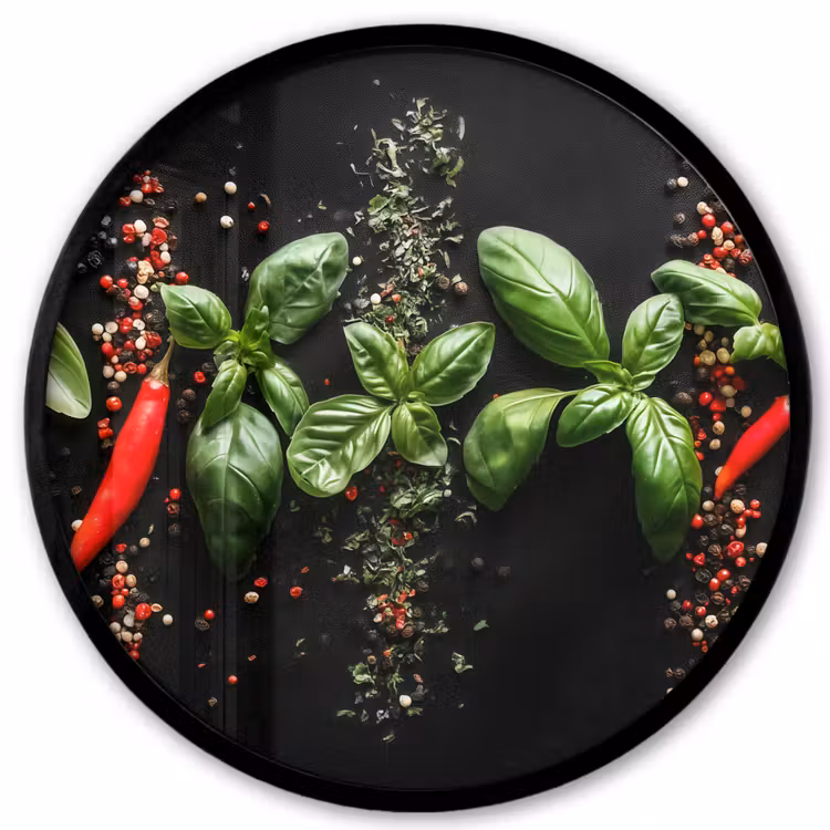 Ronde fotolijst - Chilipepers - Basilicum - Blaadjes - Rood