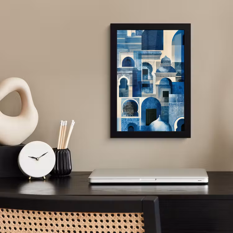 Poster met lijst - Abstract - Islamitisch - Blauw - Wit — 2
