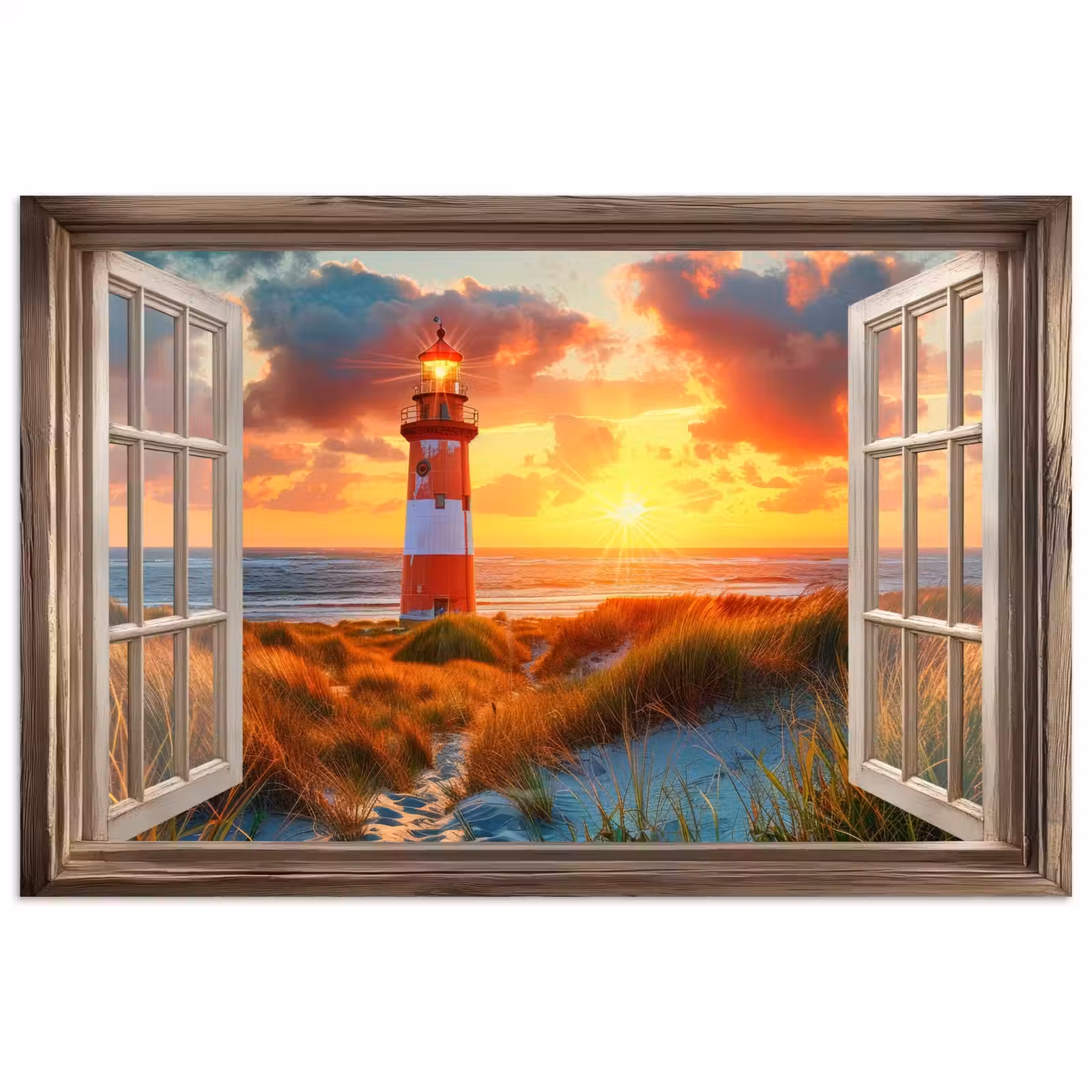 Poster – Doorkijk - Raam - Vuurtoren - Zonsondergang - Strand — 1