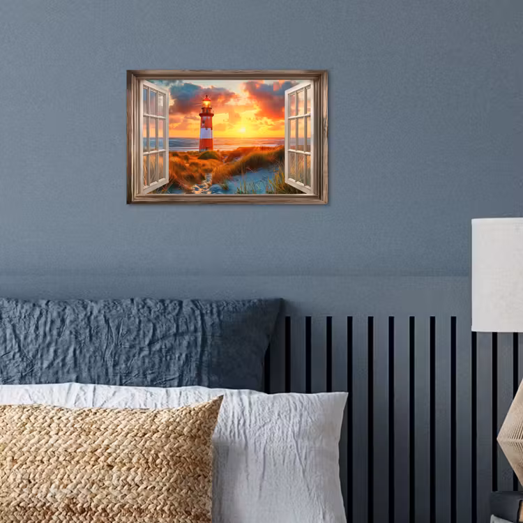 Poster – Doorkijk - Raam - Vuurtoren - Zonsondergang - Strand — 3