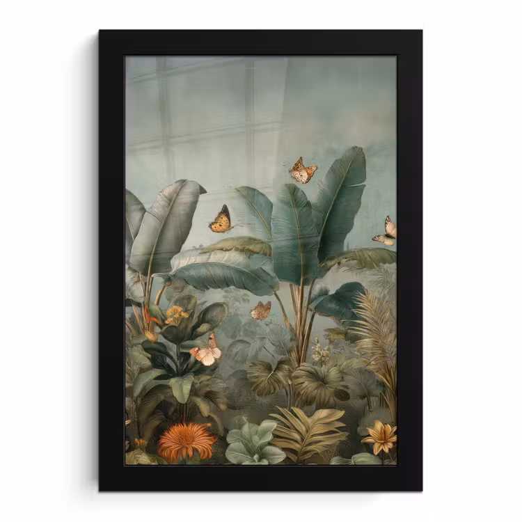 Poster met lijst - Tropisch bladerdek - Vlinders - groen - Bruin — 1