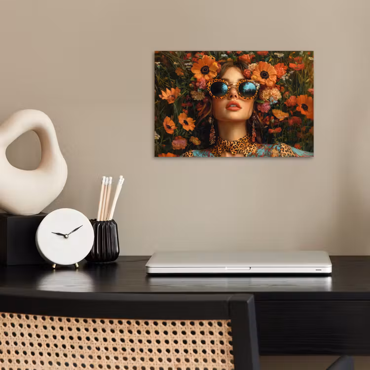 Poster – Vrouw met Zonnebril tussen Bloemen — 2