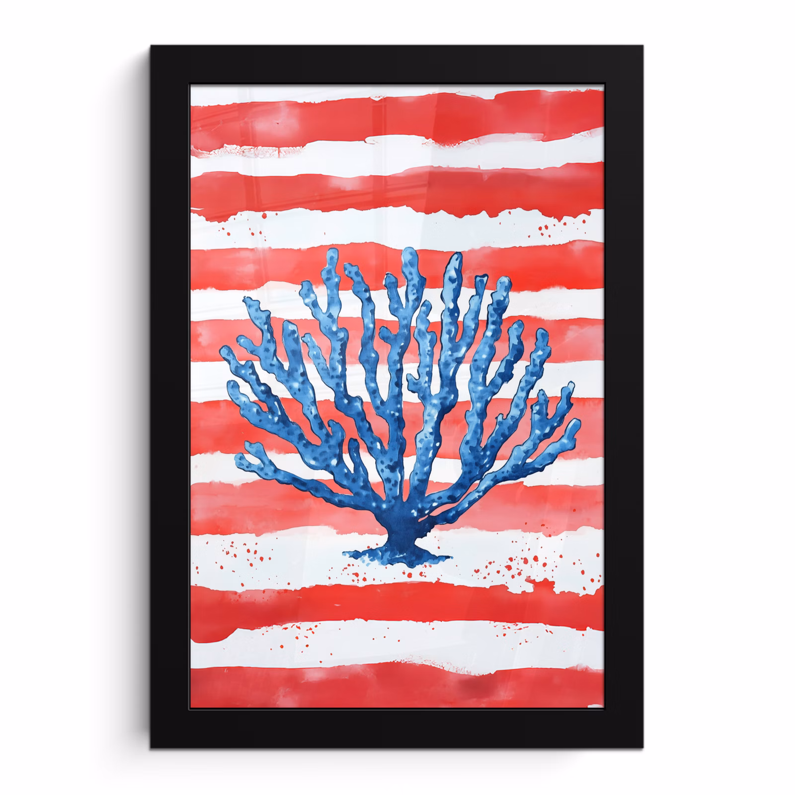 Poster met lijst - Blauw Koraal Rode Strepen Aquarel — 1