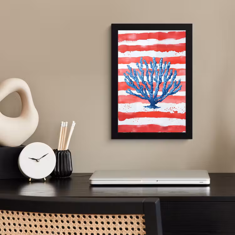 Poster met lijst - Blauw Koraal Rode Strepen Aquarel — 2