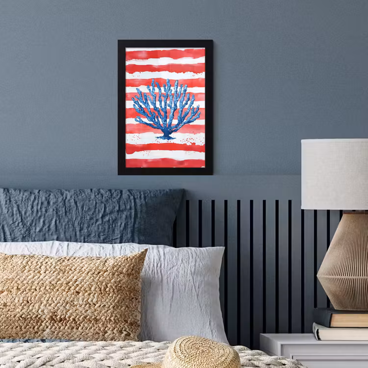 Poster met lijst - Blauw Koraal Rode Strepen Aquarel — 3