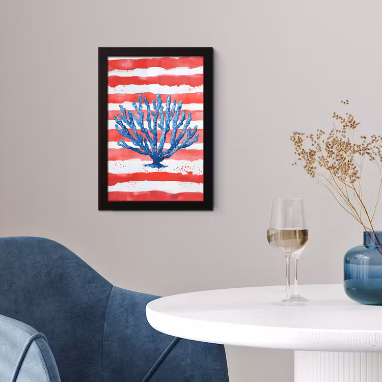 Poster met lijst - Blauw Koraal Rode Strepen Aquarel — 4