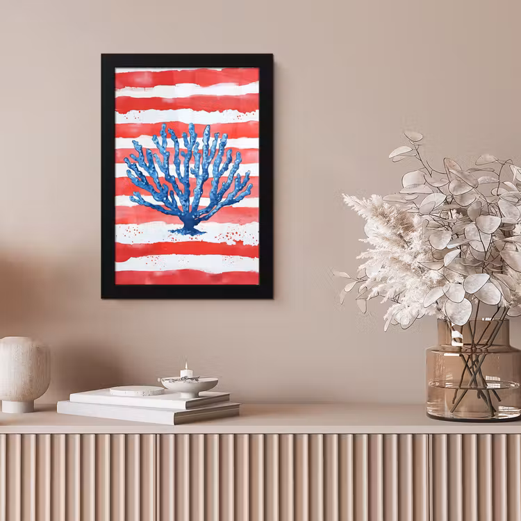 Poster met lijst - Blauw Koraal Rode Strepen Aquarel — 5