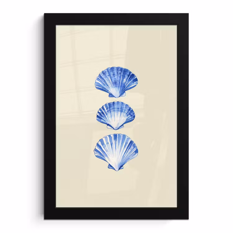 Poster met lijst - Blauwe Schelpen Aquarel