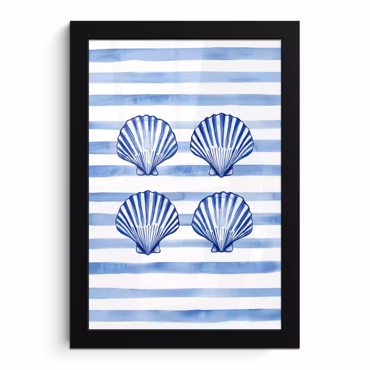 Poster met lijst - Blauwe Schelpen Strepen Aquarel