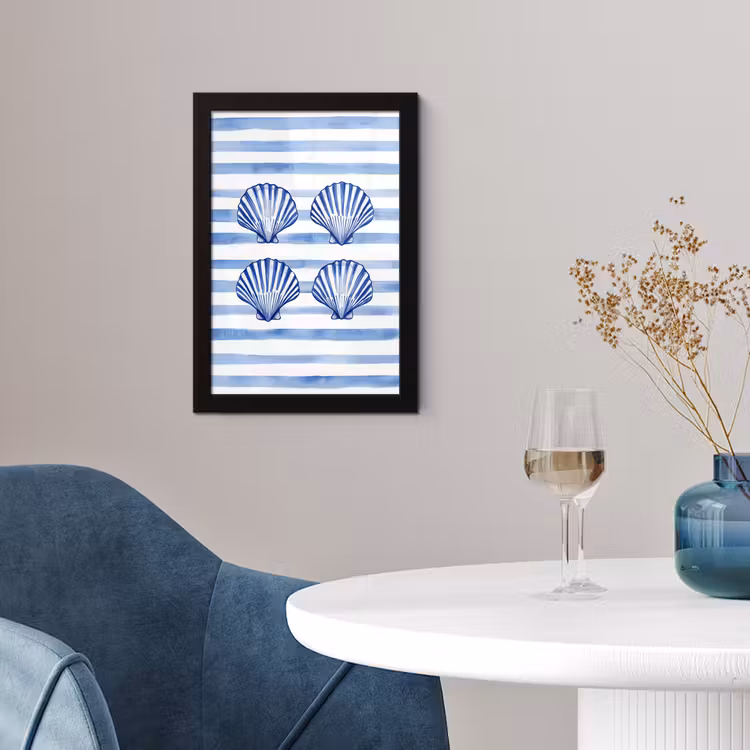 Poster met lijst - Blauwe Schelpen Strepen Aquarel — 4