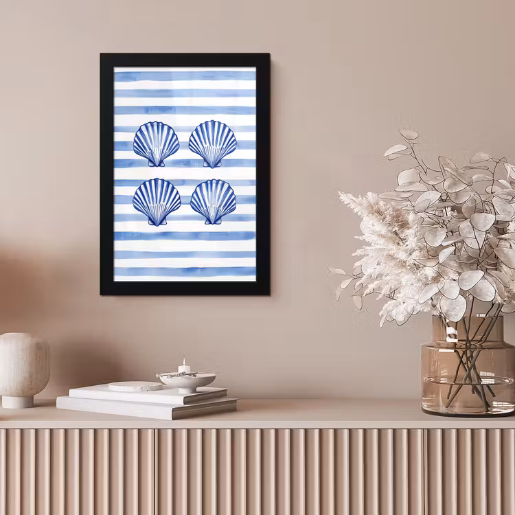 Poster met lijst - Blauwe Schelpen Strepen Aquarel — 5