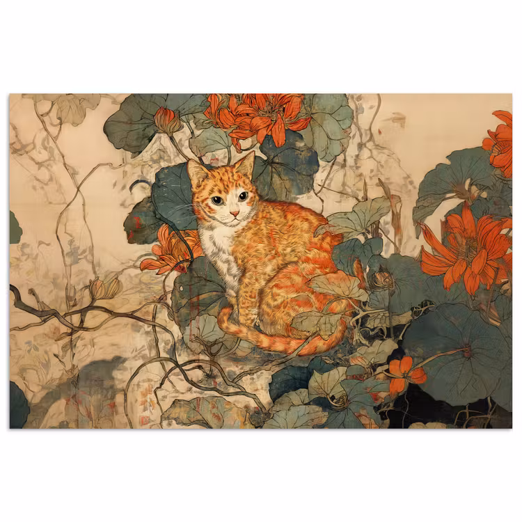 Poster – Oranje Kat tussen Bloemen Japanse Stijl