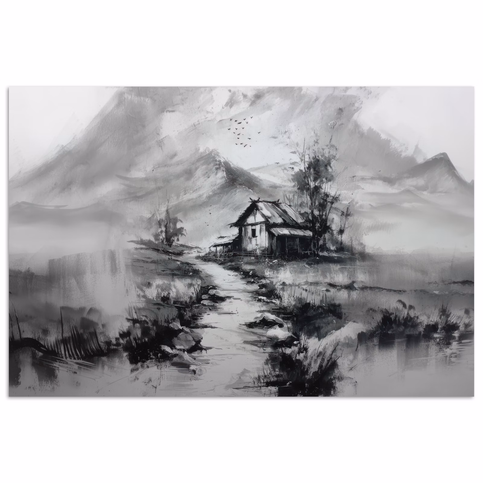 Poster – Berglandschap met Huisje Zwart Wit — 1