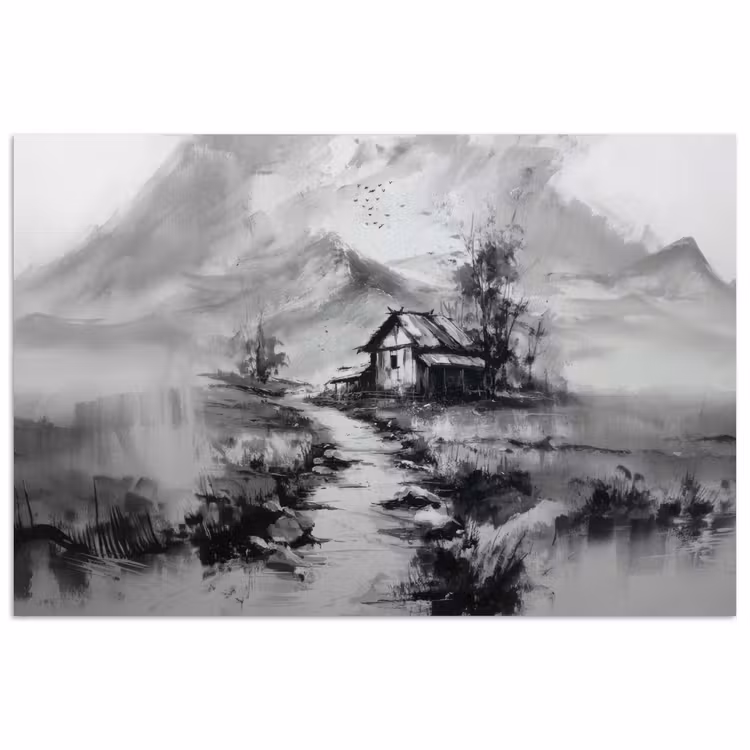 Poster – Berglandschap met Huisje Zwart Wit