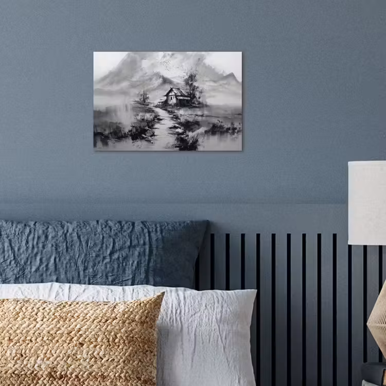 Poster – Berglandschap met Huisje Zwart Wit — 3