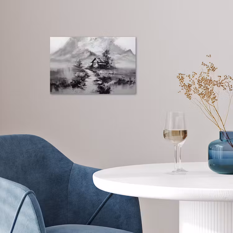 Poster – Berglandschap met Huisje Zwart Wit — 4