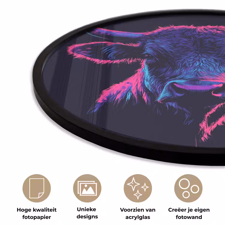 Ronde fotolijst - Stier - Neon - Zwart - Kleur — 2