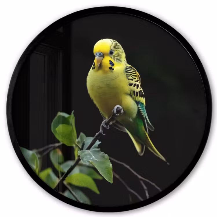 Ronde fotolijst - Parkiet - Tak - Bladeren - Geel — 1