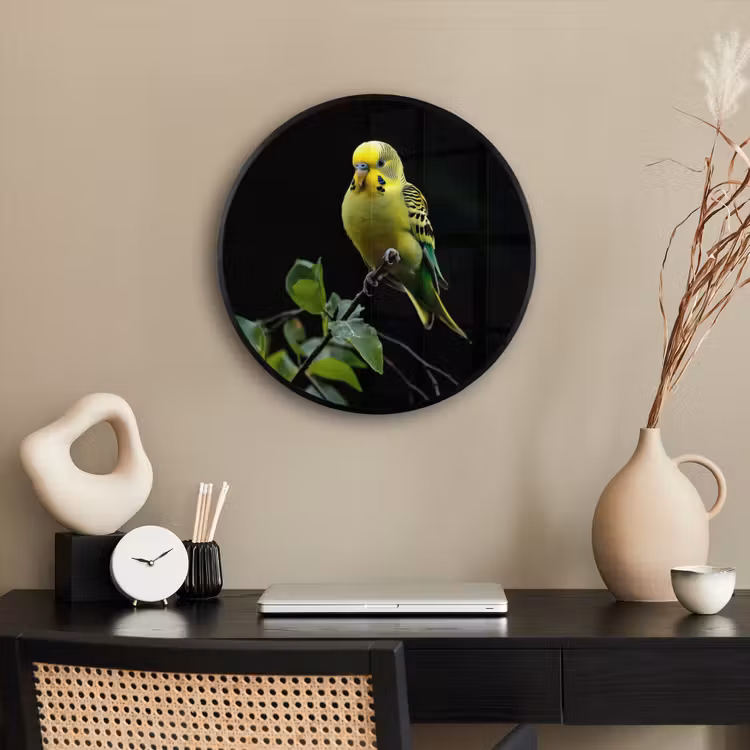 Ronde fotolijst - Parkiet - Tak - Bladeren - Geel — 3