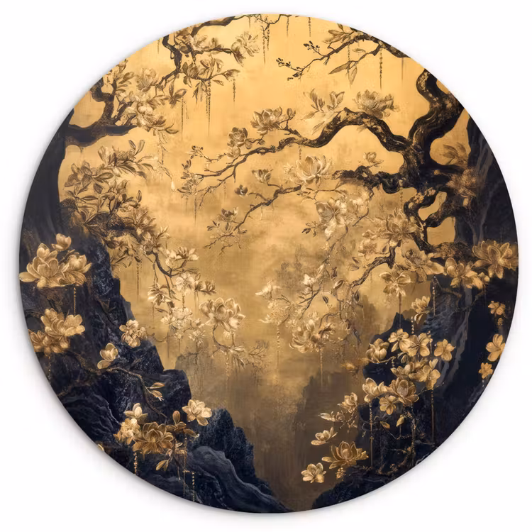 Muurcirkel glas - Bloemen - Takken - Goud - Sierlijk — 1