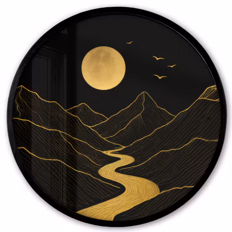 Ronde fotolijst - Rivier - Goud - Maan - Vogels — 1