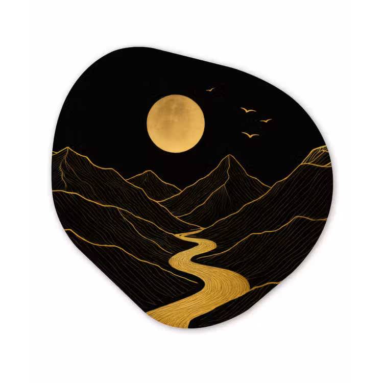Organisch schilderij - Glas - Rivier - Goud - Maan - Vogels — 1