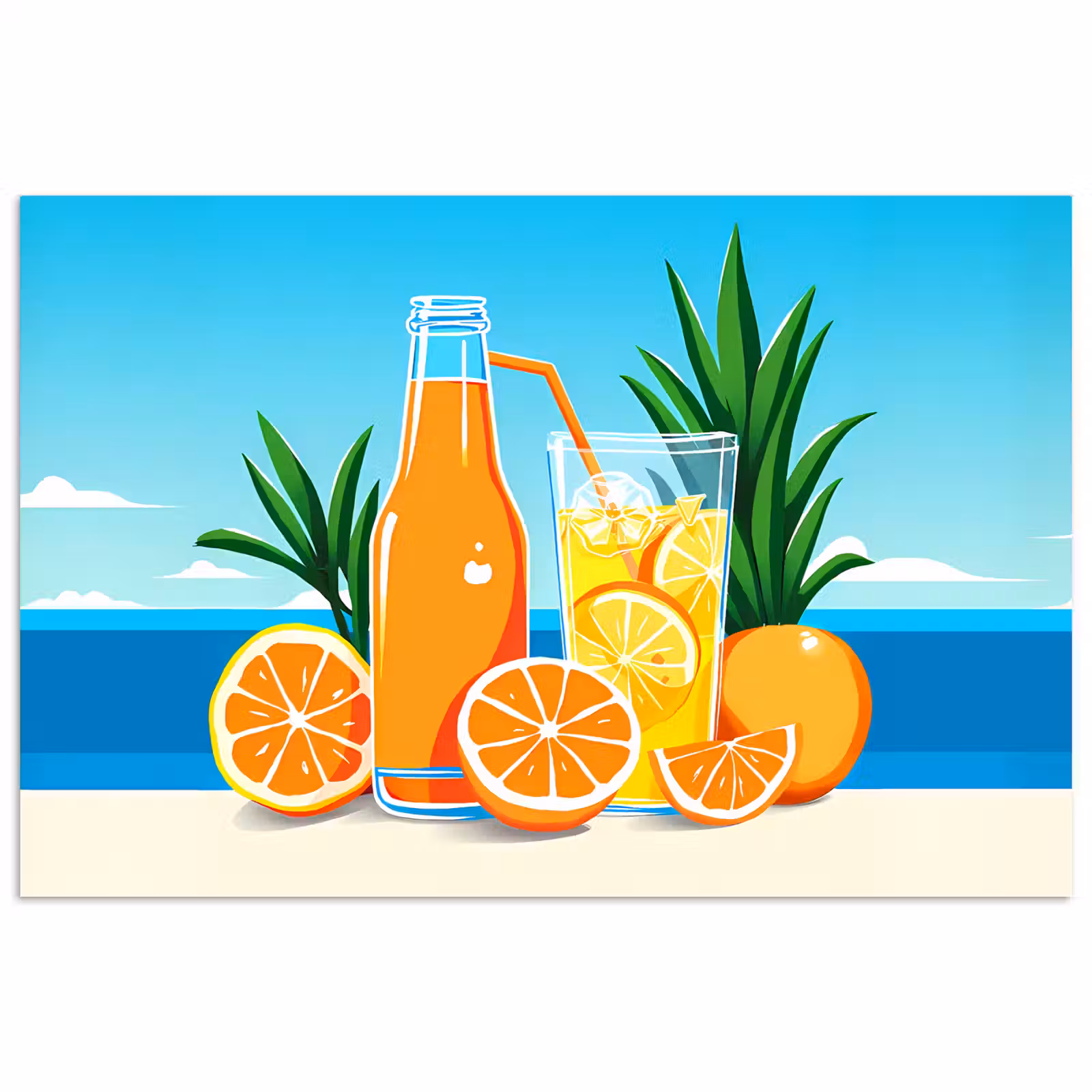 Poster – Sinaasappels - Ijsblokjes - Zee - Illustratie — 1