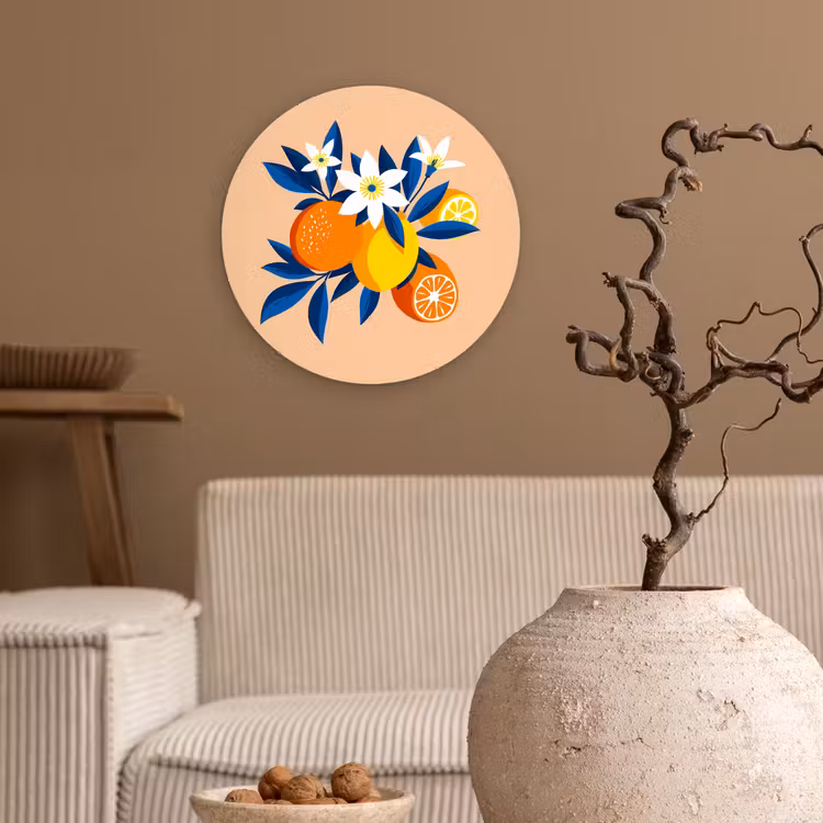 Muurcirkel glas - Illustratie - Sinaasappels - Donkerblauw - Bloemen — 2