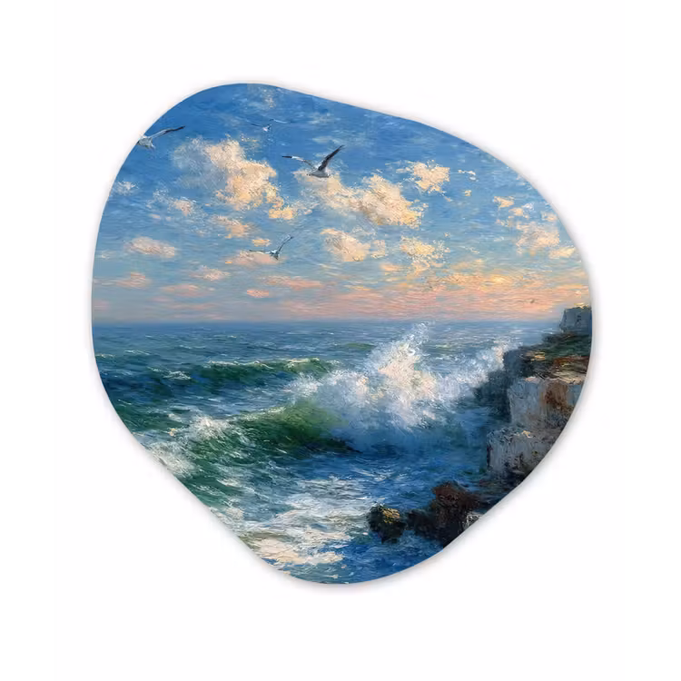 Organisch schilderij - Glas - Zee - Golven - Rotsen - Meeuwen — 1