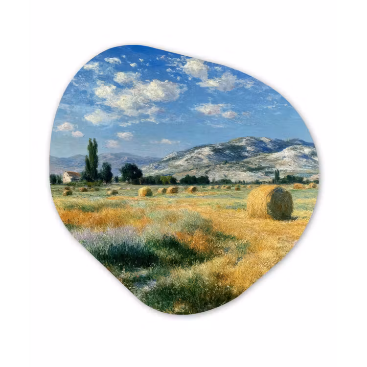 Organisch schilderij - Glas - Landschap - Strobalen - Bergen - Wolken — 1