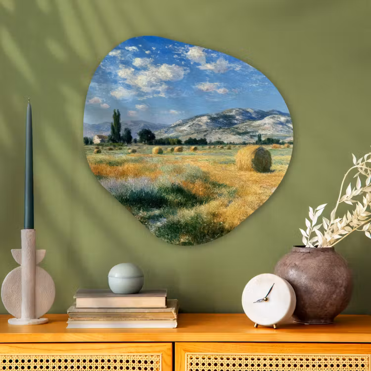 Organisch schilderij - Glas - Landschap - Strobalen - Bergen - Wolken — 2