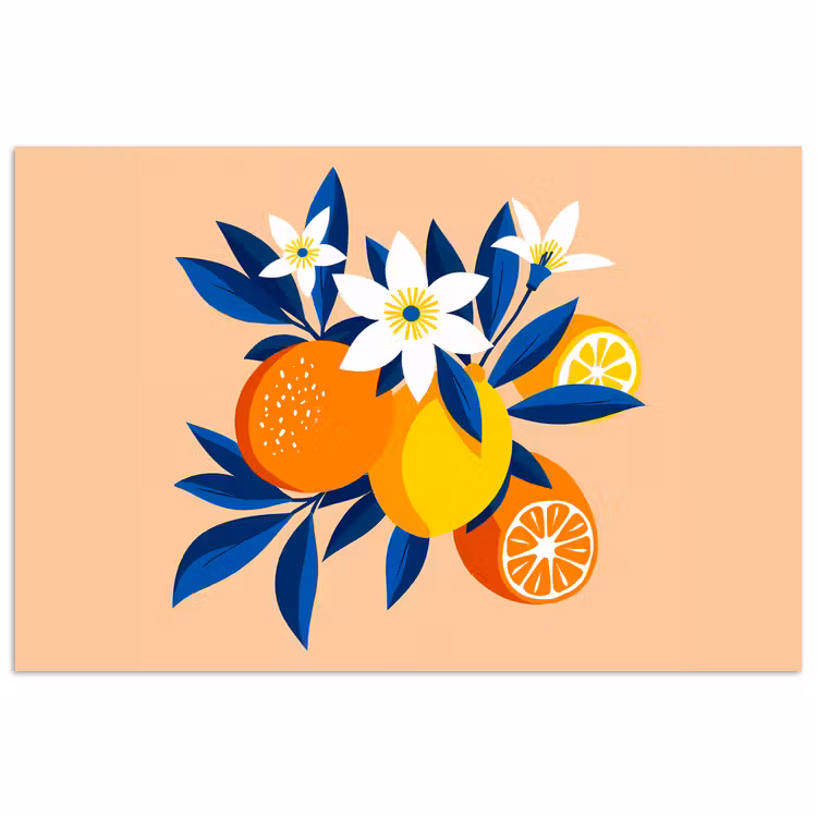 Poster – Illustratie - Sinaasappels - Donkerblauw - Bloemen — 1