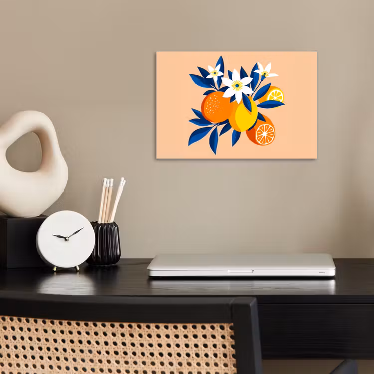 Poster – Illustratie - Sinaasappels - Donkerblauw - Bloemen — 2