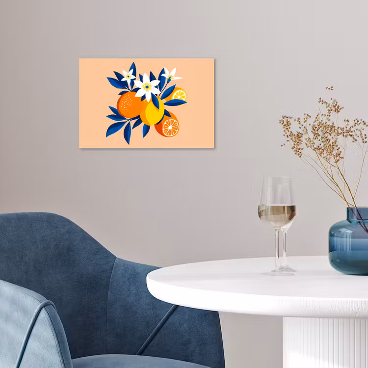 Poster – Illustratie - Sinaasappels - Donkerblauw - Bloemen — 4