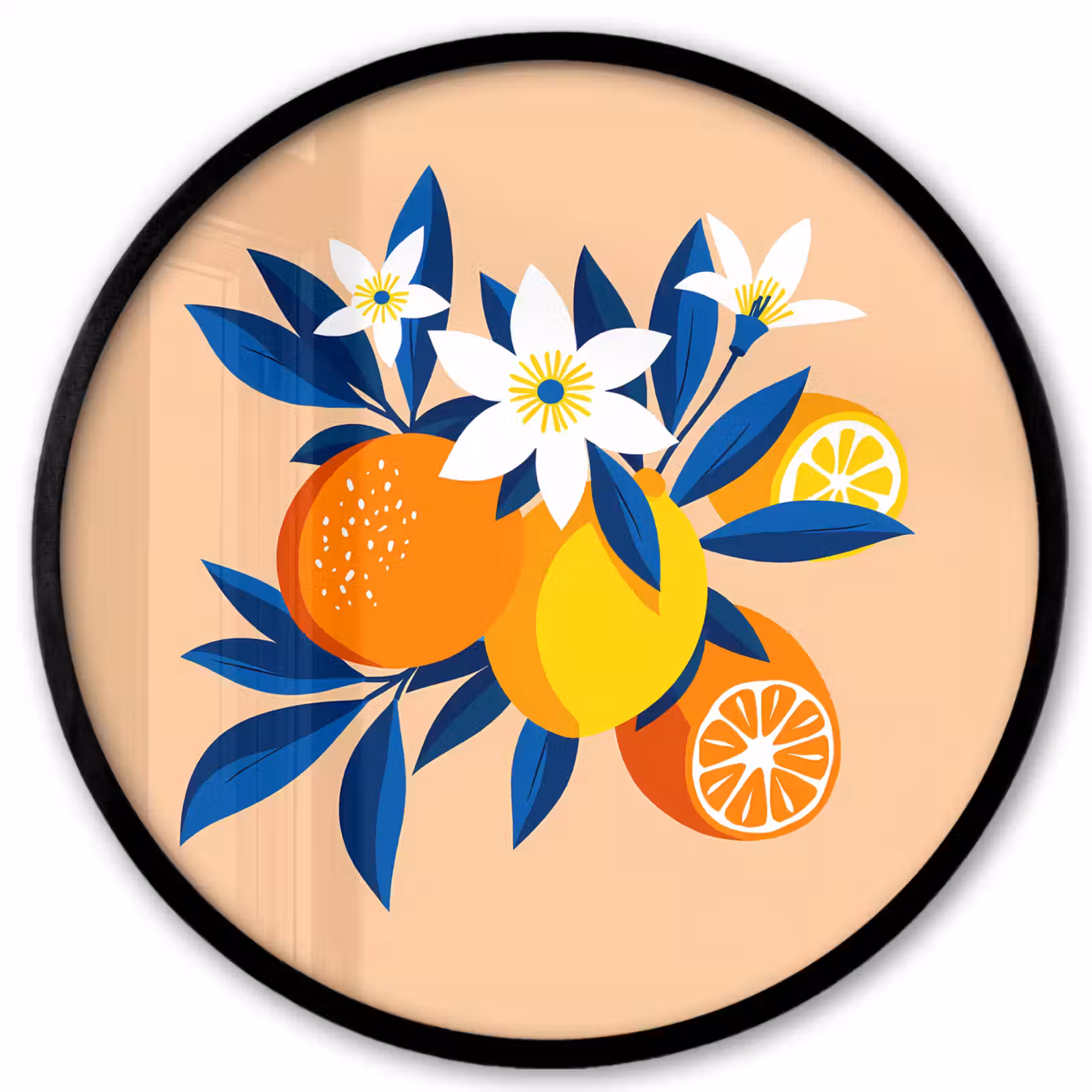 Ronde fotolijst - Illustratie - Sinaasappels - Donkerblauw - Bloemen — 1