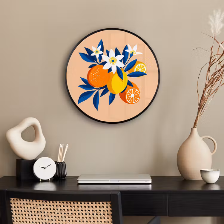 Ronde fotolijst - Illustratie - Sinaasappels - Donkerblauw - Bloemen — 3