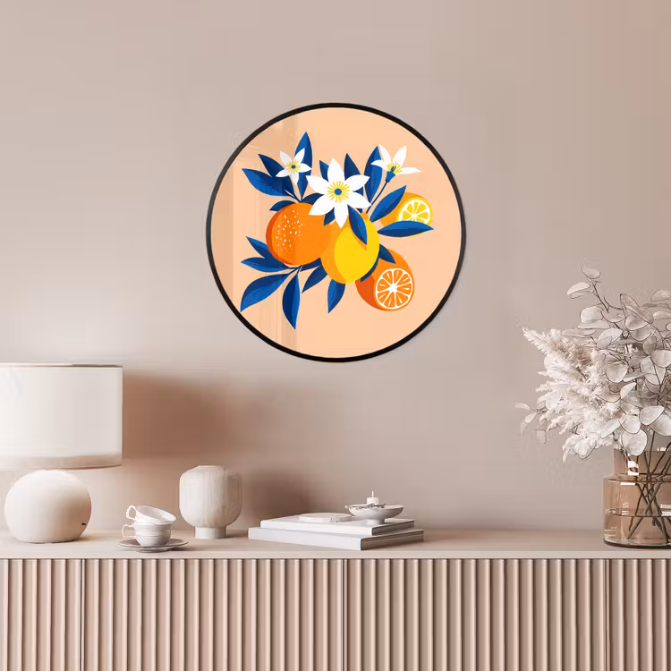 Ronde fotolijst - Illustratie - Sinaasappels - Donkerblauw - Bloemen — 5