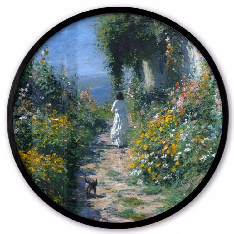 Fotolijst rond zonder passe partout - Kat - Vrouw - Bloemen - Huis — 1