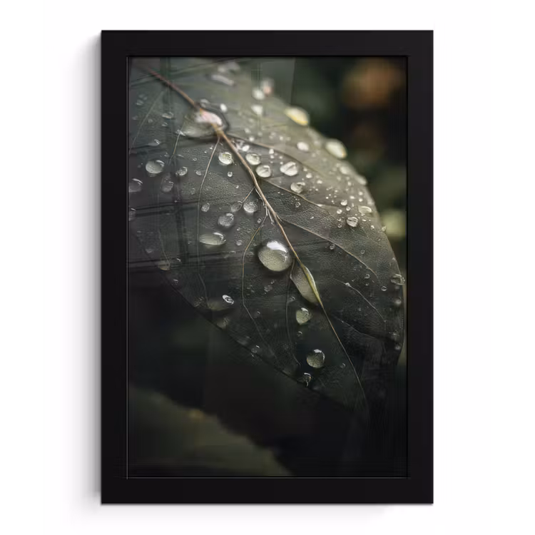 Poster met lijst - Blad - Groen - Nerven - Regendruppels — 1