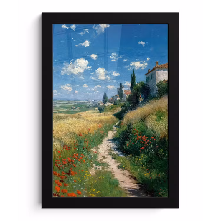 Poster met lijst - Zandpad - Huis - Bomen - Grasveld — 1