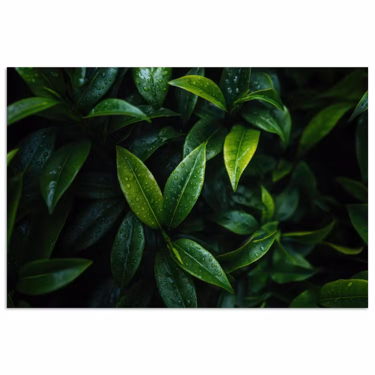 Poster – Bladeren - Regendruppels - Licht - Groen — 1