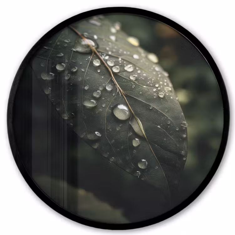 Ronde fotolijst - Blad - Groen - Nerven - Regendruppels — 1