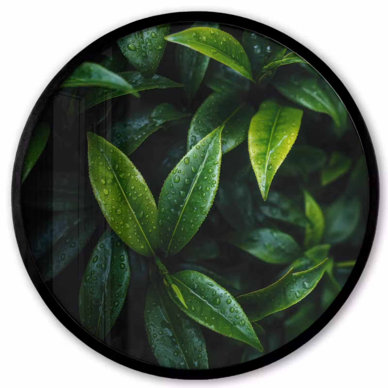 Ronde fotolijst - Bladeren - Regendruppels - Licht - Groen — 1