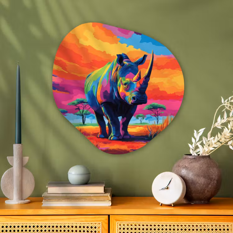 Organisch schilderij - Glas - Neushoorn - Zonsondergang - Savanna - Kleurrijk — 2