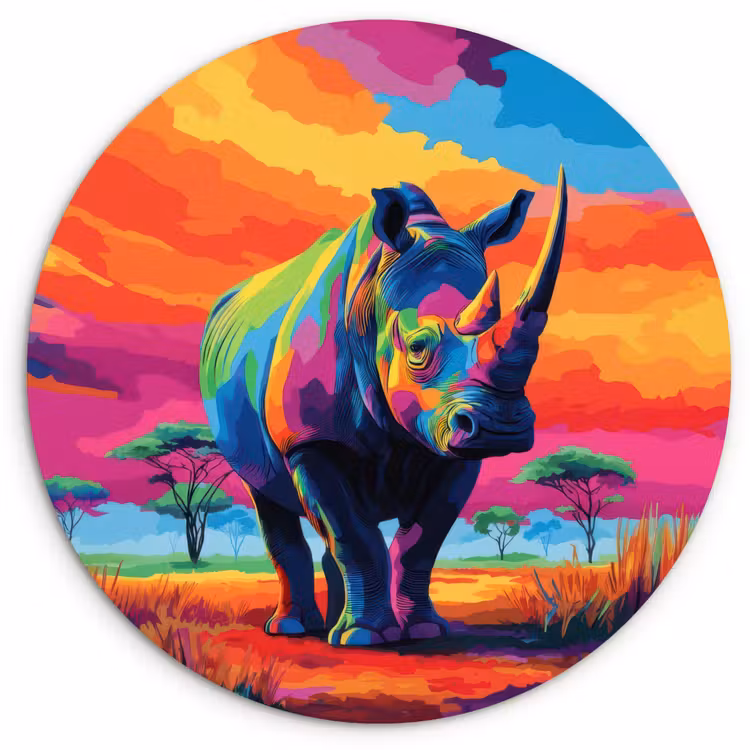 Muurcirkel glas - Neushoorn - Zonsondergang - Savanna - Kleurrijk — 1