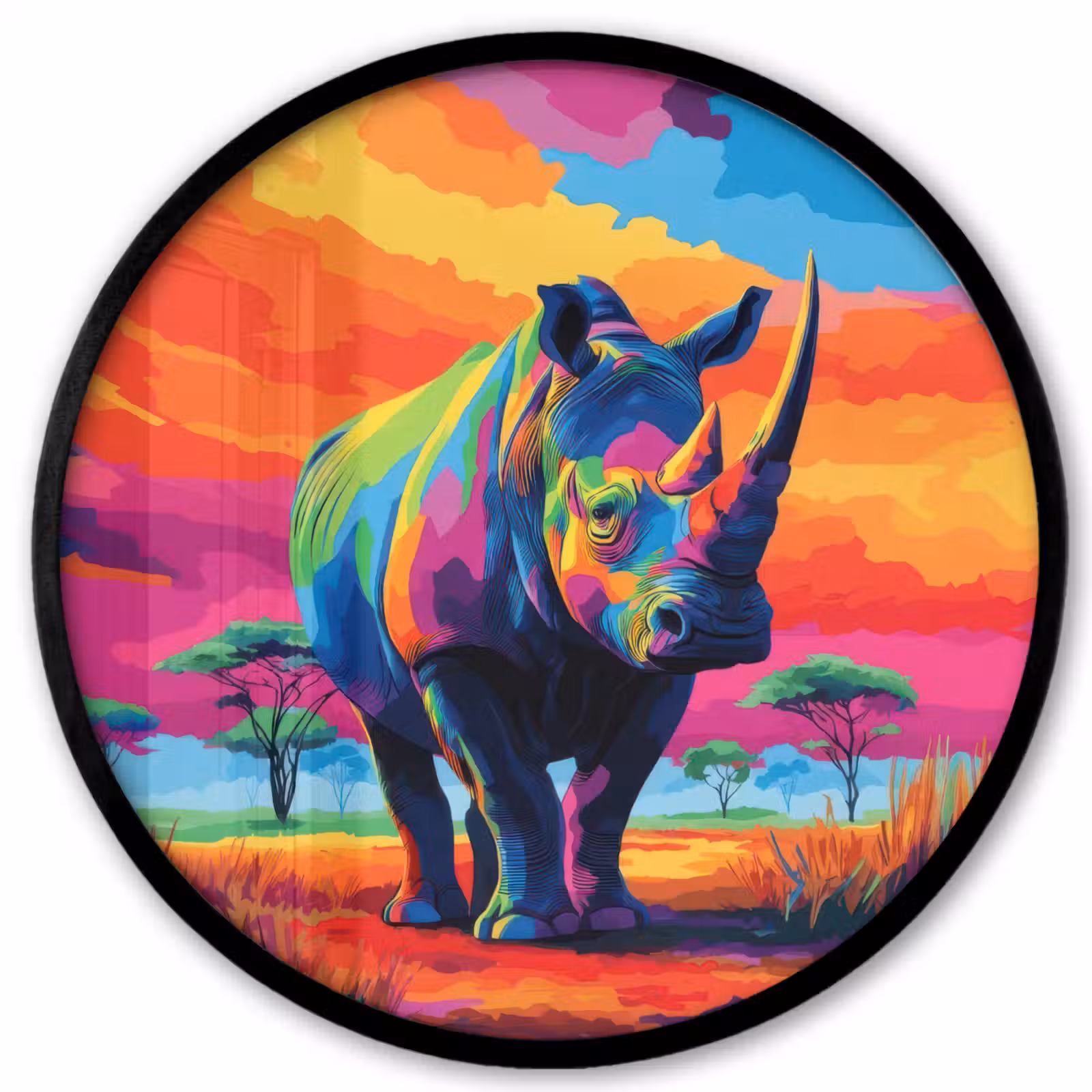 Ronde fotolijst - Neushoorn - Zonsondergang - Savanna - Kleurrijk — 1