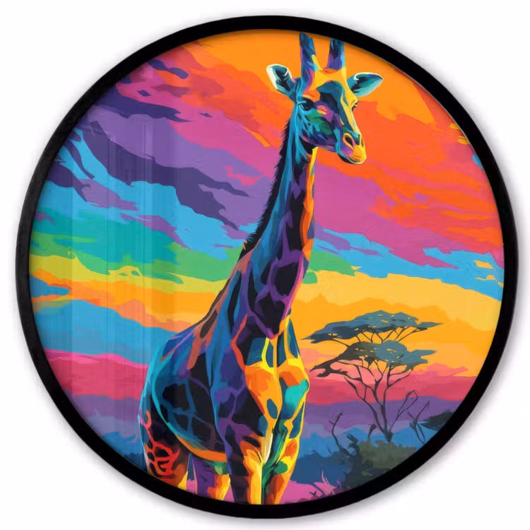 Ronde fotolijst - Giraffe - Savanna - Lucht - Gekleurd — 1