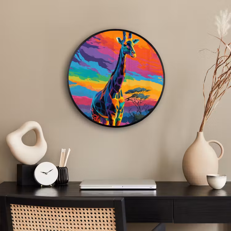 Ronde fotolijst - Giraffe - Savanna - Lucht - Gekleurd — 3