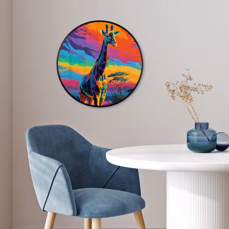 Ronde fotolijst - Giraffe - Savanna - Lucht - Gekleurd — 4