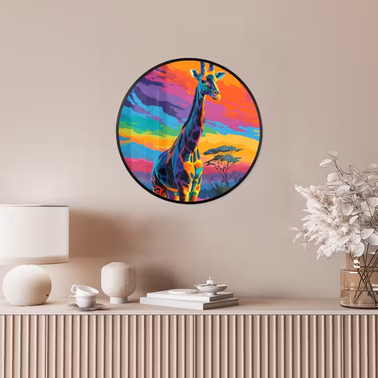 Ronde fotolijst - Giraffe - Savanna - Lucht - Gekleurd — 5